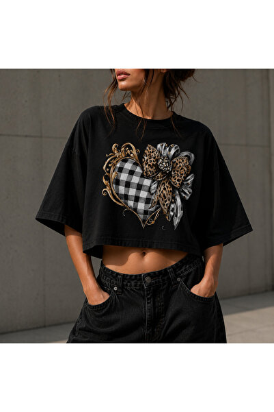 NUATEX Tricou crop oversize pentru femei, cu imprimeu inimă în carouri și det...