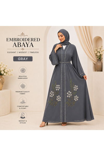 Generic Elegant Gray Floral Embroidered Abaya for Women – Premium Flowing Mod...