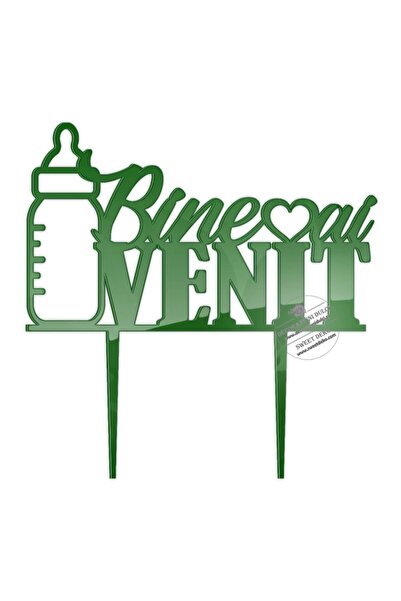 Decoratiuni Dulci Cake topper biberon cu textul Bine ai venit - Verde