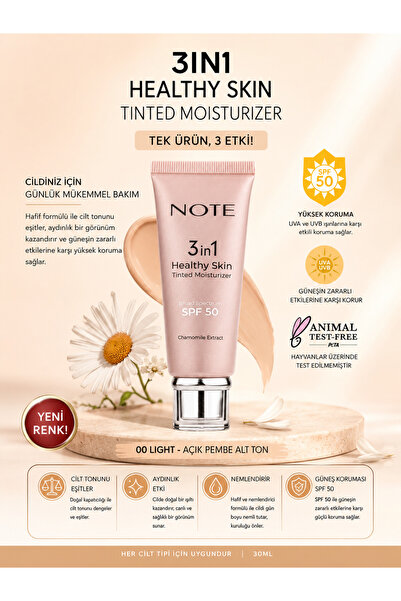 NOTE Cilt Tonunu Eşitleyici, Nemlendirici ve SPF50 Korumalı3 in 1 Healthy Ski...