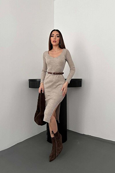 Caddebostan Moda V-Neck Slit Ribbed Knit Midi Dress