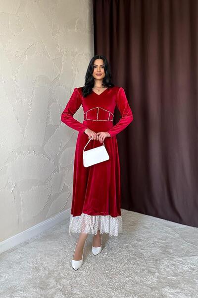 Caddebostan Moda Pearl Detailed Tulle Velvet Dress Special Daily Stylish Midi...