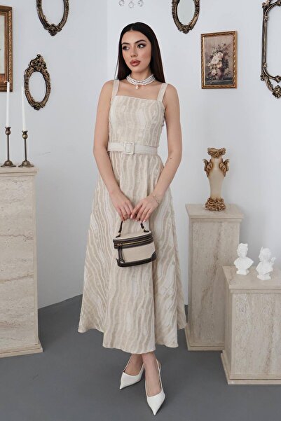 Caddebostan Moda فستان ميدي أنيق بحزام وياقة على شكل V وتصميم منقوش