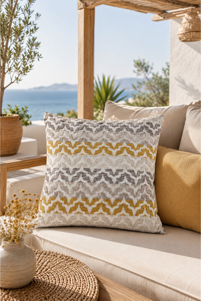 FULY CONSEPT 43X43 Rhythmweave Throw Pillow Cover Mustard Cream Zigzag Decora...