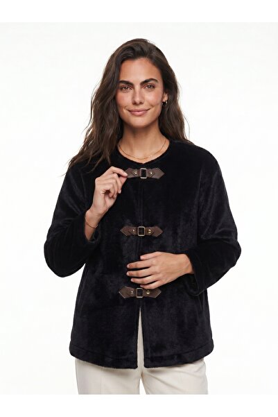 ONLOOX Black Wool Textured Lined Standard Cut Leather Buckle Detailed Short Coat