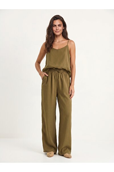 ONLOOX Khaki Woven Modal Fabric Thin Strap V-Neck Blouse with Pants Bottom To...