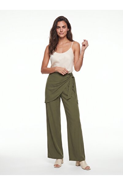 ONLOOX Green Viscose Textured High-Waisted Wide-Leg Trousers with Draping and...