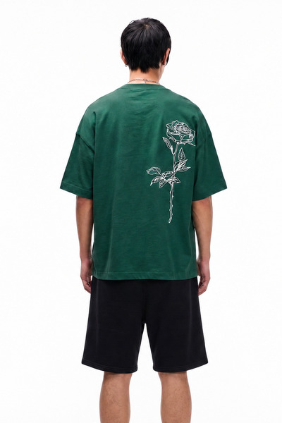 EFFRENATU Rose Printed Men's T-Shirt Shorts Set - Green Black Botanical