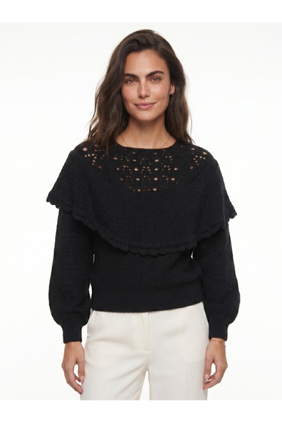 ONLOOX Black Soft Textured Openwork Collar Balloon Sleeve Ruffle Detailed Rib...