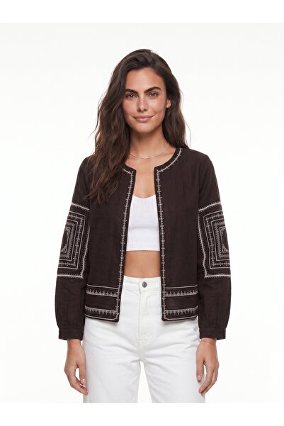 ONLOOX Bitter Brown Cotton Muslin Fabric Long Sleeve Summer Jacket with Embro...