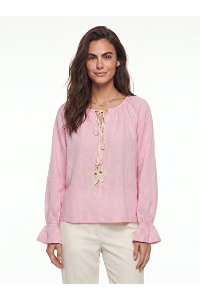 ONLOOX Pink Linen Textured Tie-Neck Relaxed Fit Long Sleeve Blouse with Floun...