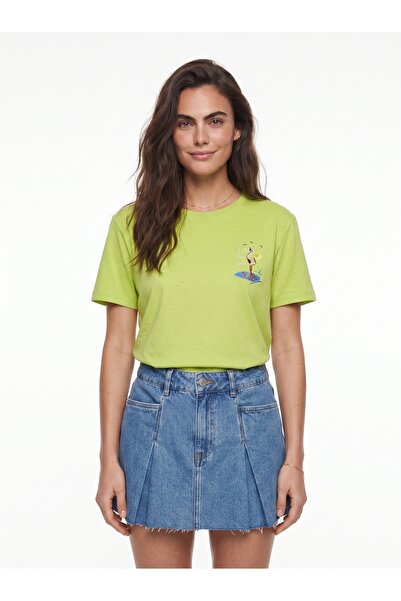 ONLOOX Pistachio Green Cotton Crew Neck Short Sleeve T-Shirt with Flamingo Em...