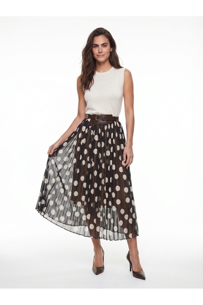 ONLOOX Black Flowy Tulle Fabric Elastic Waist Lined Belted Polka Dot Patterne...