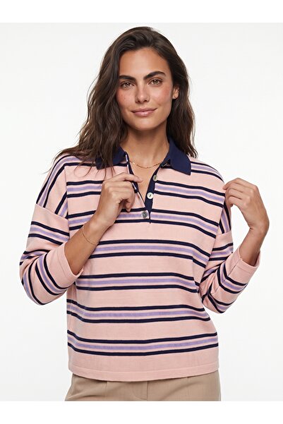 ONLOOX Pink Acrylic Textured Polo Collar Standard Fit Horizontal Striped Basi...