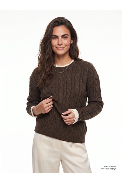 ONLOOX Coffee Hair Braid Patterned Crew Neck Comfortable Fit Ripped Cuff Deta...