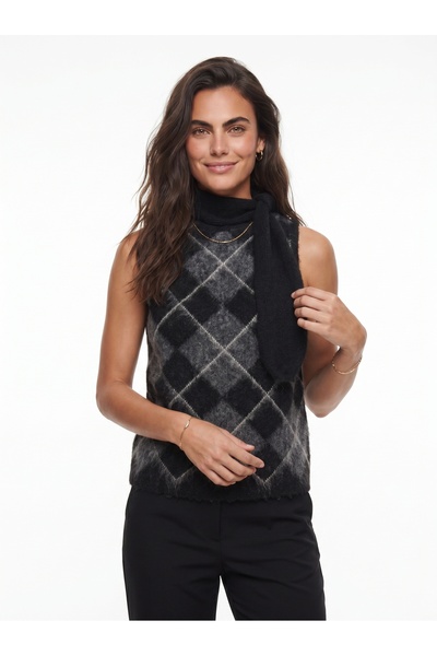 ONLOOX Anthracite Mohair Blend Shawl Collar Standard Size Argyle Pattern Knit...