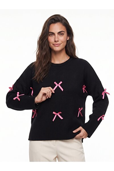 ONLOOX Black Acrylic Fabric Crew Neck Standard Fit Bow Detail Knitted Sweater