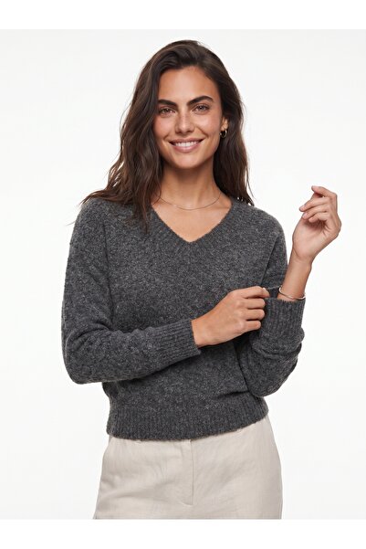 ONLOOX Anthracite Self Textured V-Neck Long Sleeve Standard Cut Acrylic Blend...
