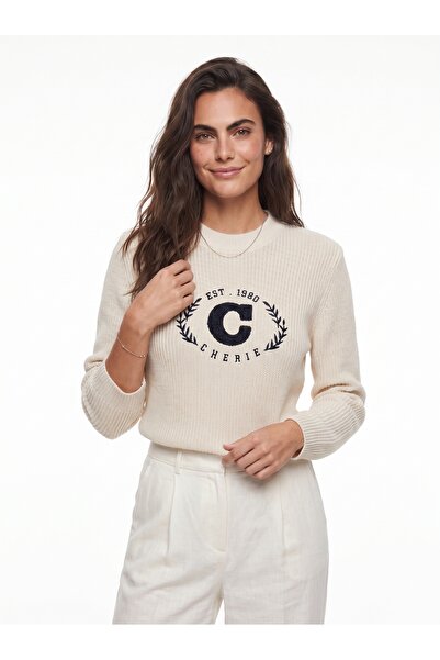 ONLOOX Ecru Navy Blue Acrylic Thessaloniki Textured Crew Neck Standard Size E...