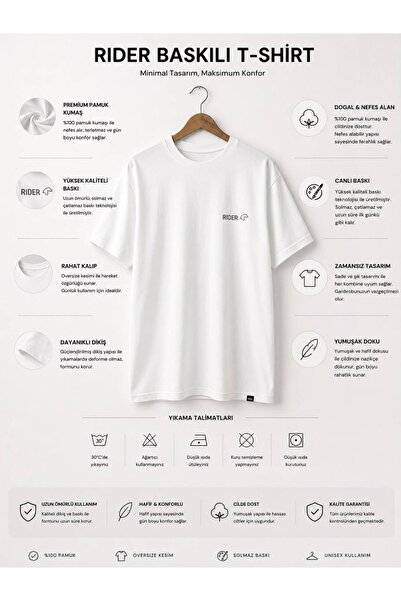 izmoda RIDER Minimal Baskılı Oversize Unisex Beyaz Tişört %100 Pamuk RIDER Pr...