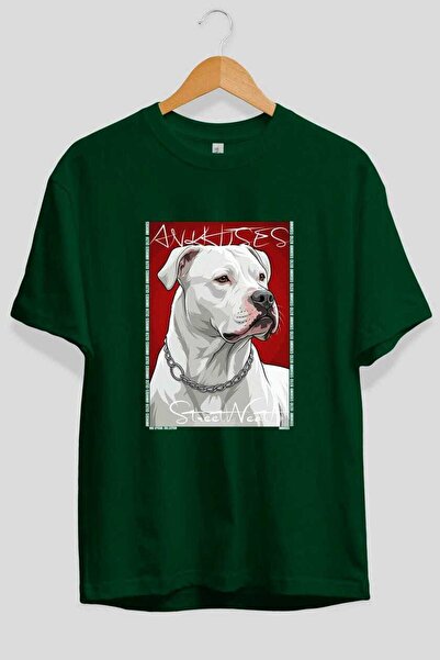 Ankhises For Dog Lovers 41 Front Dog Printed Green Oversize T-Shirt 100% Cott...