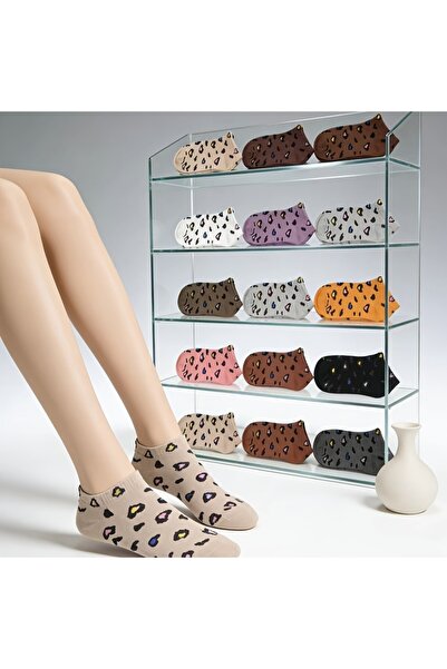 çorapmanya 4 Çift Leopar Desenli Kadın Çok Renkli Patik Çorap