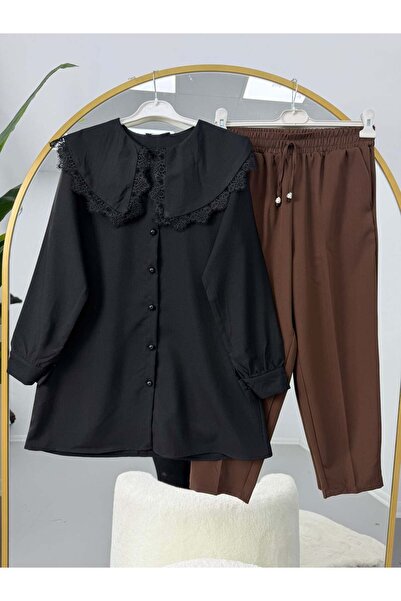 modasindoma Lace Detailed Collar Detail Pants Suit Black-Brown