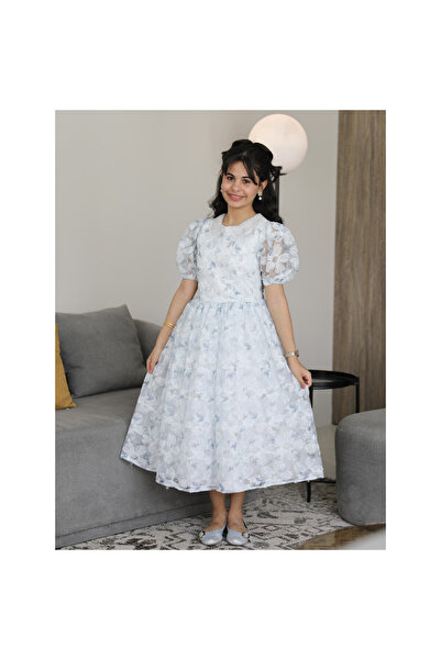 HAWRAA ABAYA Girl's Sky Blue Dress with White Roses Embellished Collar and Sh...
