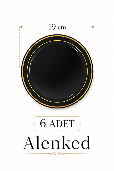 alenked Porselen Görünümlü Altın Yaldızlı Plastik Tabak Siyah 19 cm 6'lı