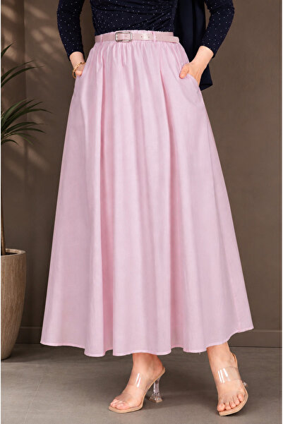ASTEMİA Women's Belted Pocketed Maxi Length Summer Skirt Sb0042