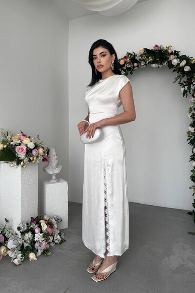Caddebostan Moda Lace Detailed Satin Long Evening Dress, Stylish Graduation a...