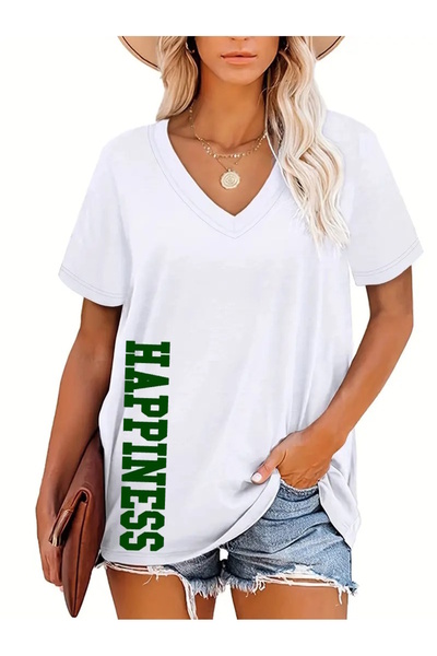 JENOLAN Tricou de damă cu decolteu în V, alb, negru, cu imprimeu Happiness, o...