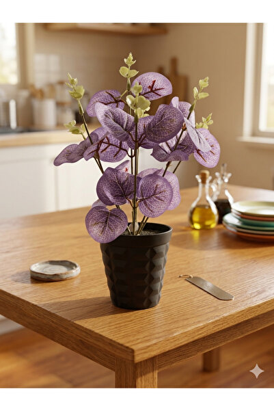 Lilac Home Yapay Çiçek Siyah Saksı İçerisinde Mor Okaliptus