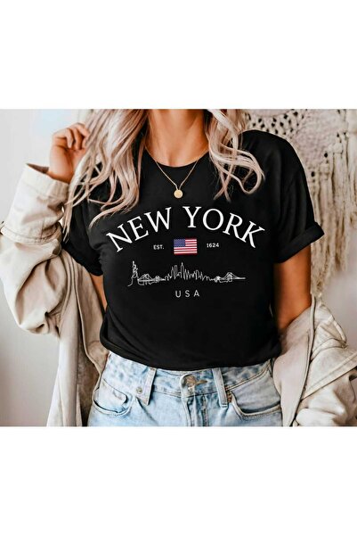 JENOLAN Tricou negru oversize casual Boyfriend cu imprimeu New York