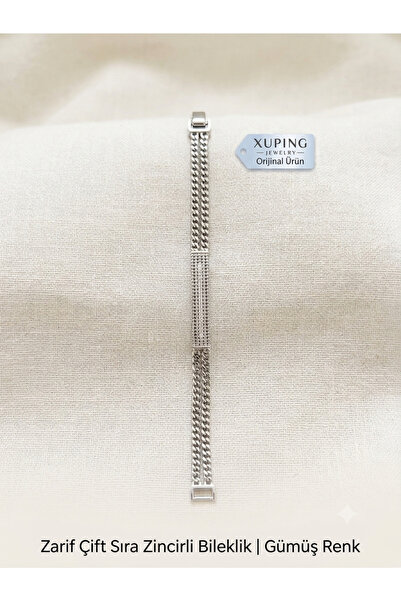 XUPING JEWELRY Xuping Zarif Çift Sıra Zincirli Taşlı Bileklik - Gümüş Renk Bi...
