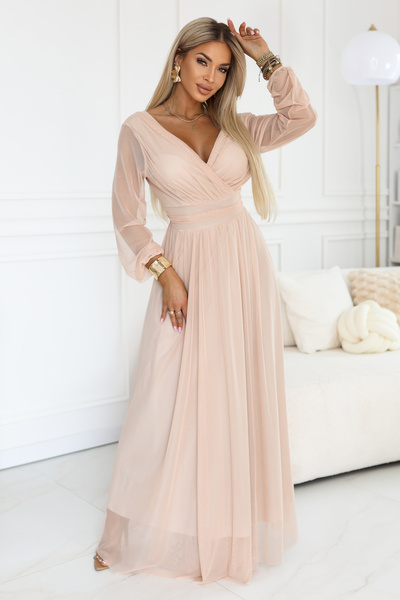 OEM Rochie maxi lungă cu mâneci din tul și decolteu plic - piersică de Ocazie...