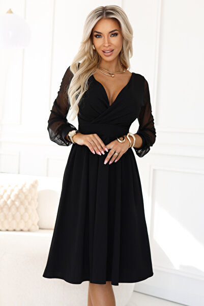 OEM Rochie midi elegantă cu decolteu înfășurat și mâneci din tul - neagră de ...