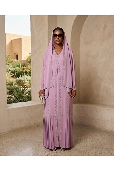 Generic Elegant pink Embellished Pleated Abaya with Matching Hija