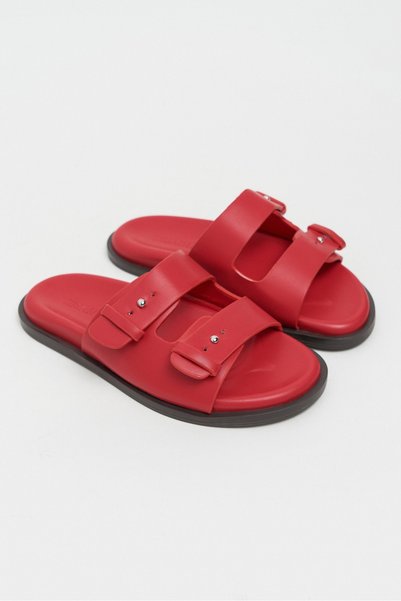 NİŞANTAŞI SHOES Cute Red Rustic Double-Strapped Flat Sole Women's Slippers
