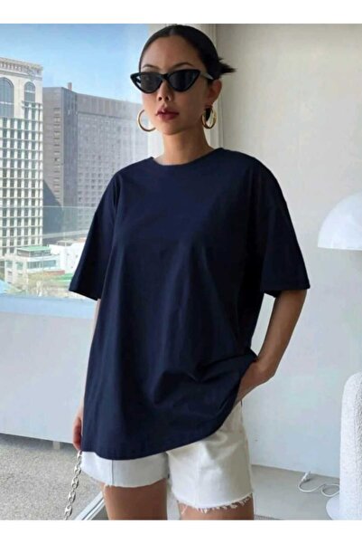 JENOLAN Women's Plain Basic Crew Neck Oversize Casual Navy Blue T-Shirt