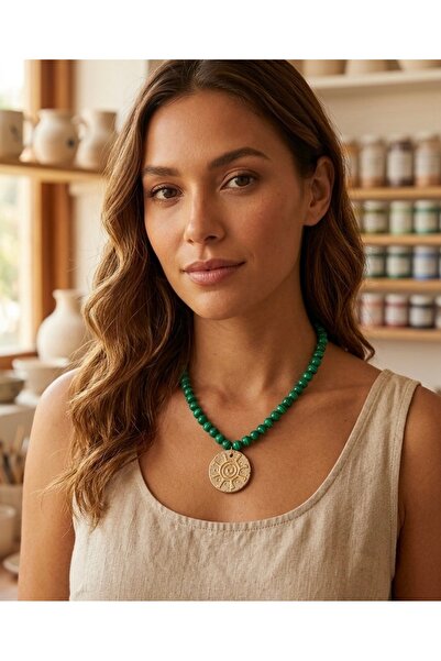 Hello Neo Jewelry Seramik Güneş Kolye Ucu Ve Yeşil Cam Ocak Boncuk Kadın Kolye