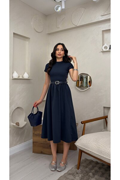 miraylawear KEMERLİ PİLELİ MİDİ ETEK ELBİSE- LACİVERT