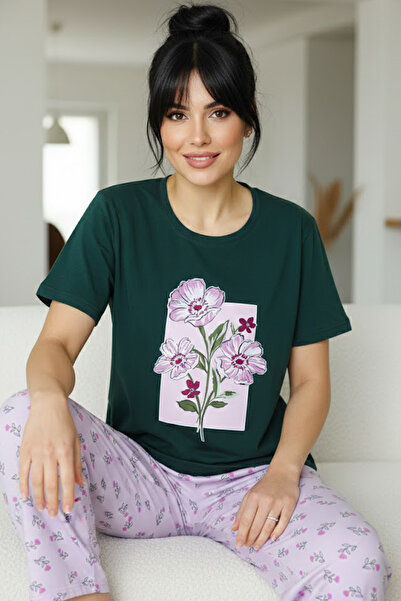 Siyah İnci yeşil desenli Pamuklu Bisiklet Yaka Örme Pijama Takım