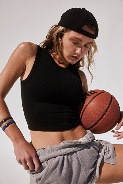 Urban Outfitters Dikişsiz Ribana Jakar Kolsuz Spor Büstiyer- Siyah