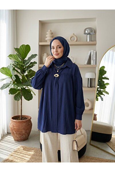Lunsera Store Drawstring Cuffed Belt Buckle Detail Tunic-Navy Blue