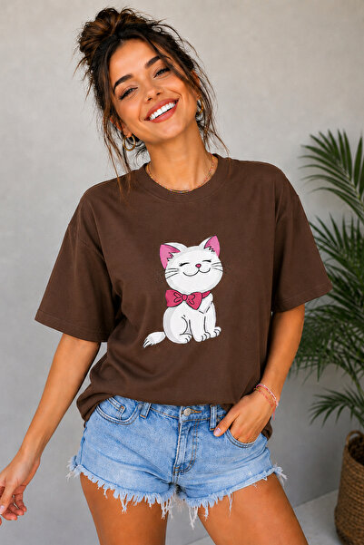 ArtYus Papyonlu Sevimli Kedi Baskılı Bisiklet Yaka Unisex Oversize Tişört – P...