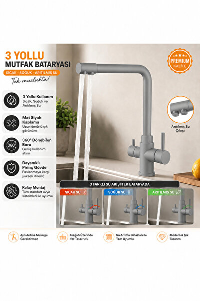 YILDIZ Aqua Mir Arıtma Çıkışlı 3 Yollu Musluk Mutfak Eviye Bataryası