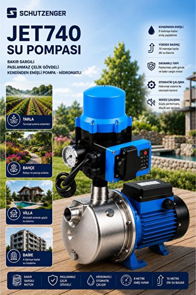 SCHUTZENGER JET740 HİDROMATLI SU POMPASI PASLANMAZ 2 Hq SU MOTORU OTOMATİK YÜ...