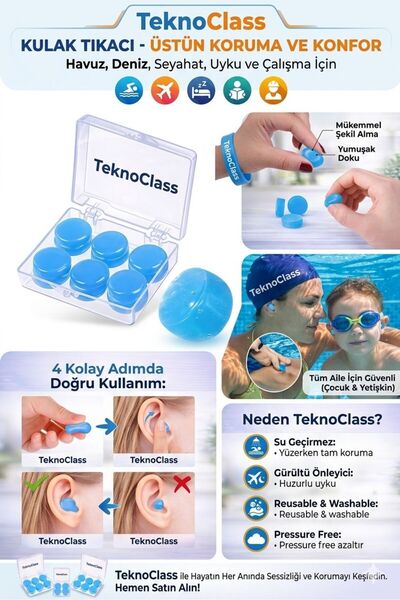 TeknoClass 6'lı Gürültü Önleyici Su Geçirmez Silikon Kulak Tıkacı