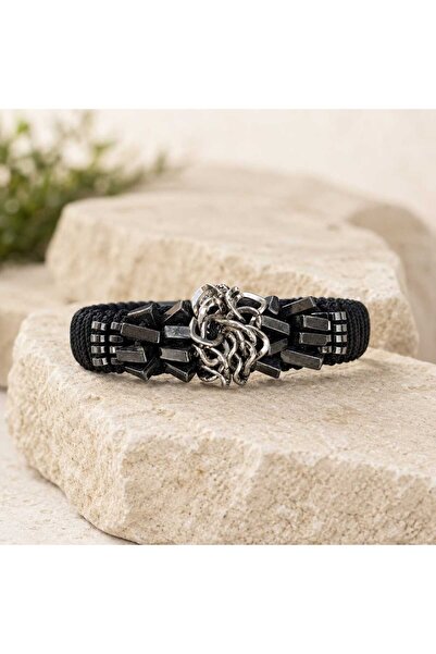 ORENDAJEWELRY Unisex Gerçek Hematit Taşlı Deri Makrome Ayarlanabilir Bileklik